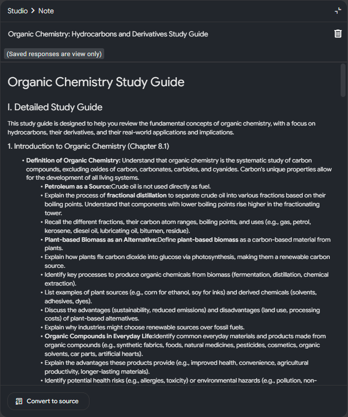 A sample 'Study Guide' generated by NotebookLM for a Chemistry topic