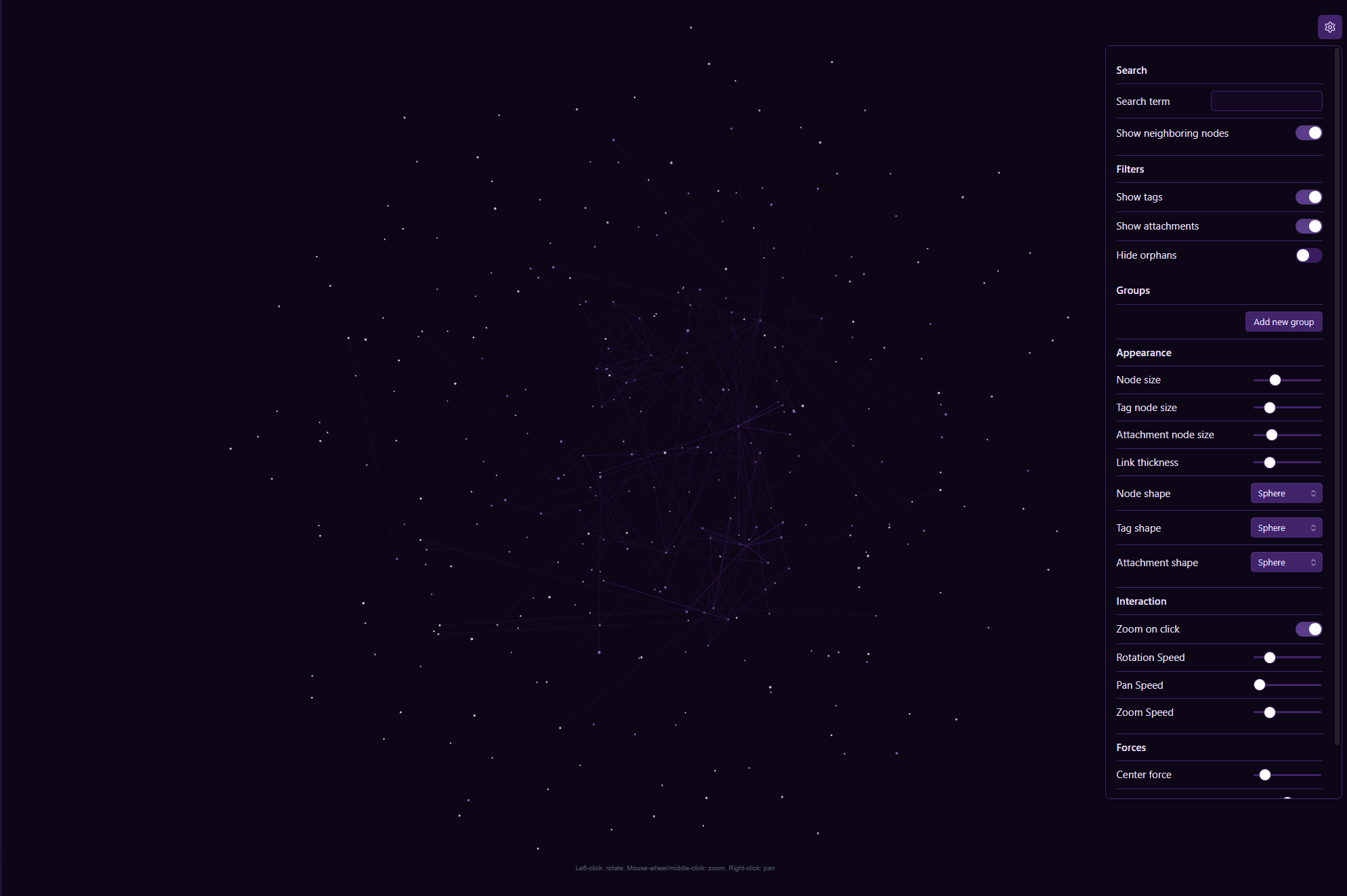 A screenshot of the 3D Graph plugin showing an interactive network of notes.